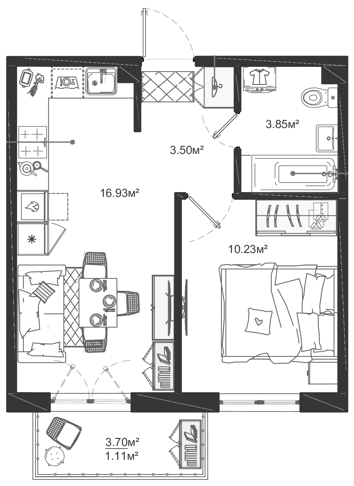 Планировка: Евродвушка 34,5 м² в ЖК «ЛесАрт»