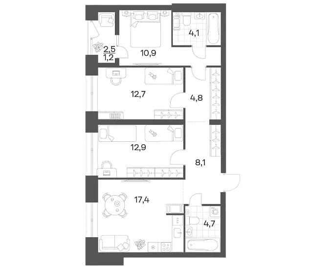 Планировка: Квартира евро-4 75,7 м² в ЖК «Новый Питер»
