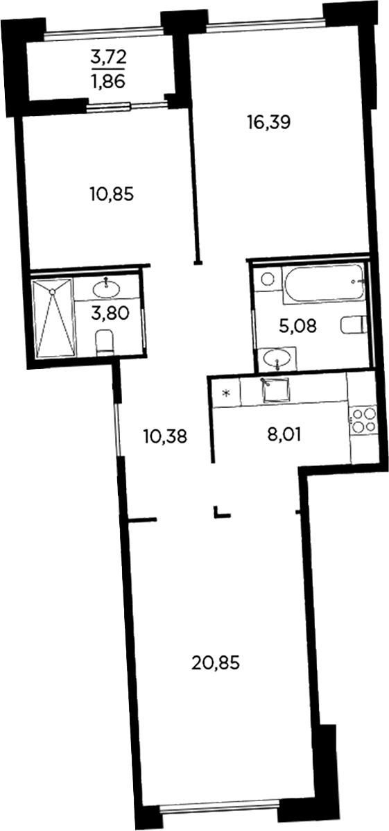 Планировка: Евротрёшка 75,4 м² в ЖК «Акватория»