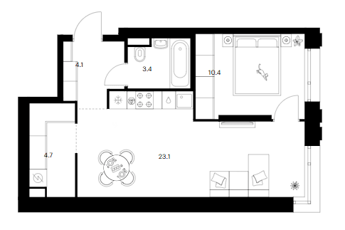 Планировка: 1-комнатная квартира 45,7 м² в ЖК «Москворечье»