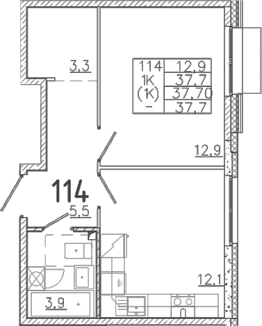Планировка: 1-комнатная квартира 37,7 м² в ЖК «Лисино»