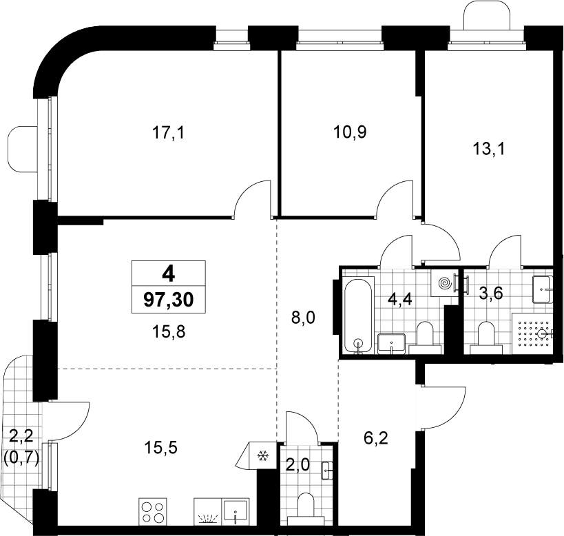 Планировка: Квартира евро-4 96,6 м² в ЖК «Прокшино»