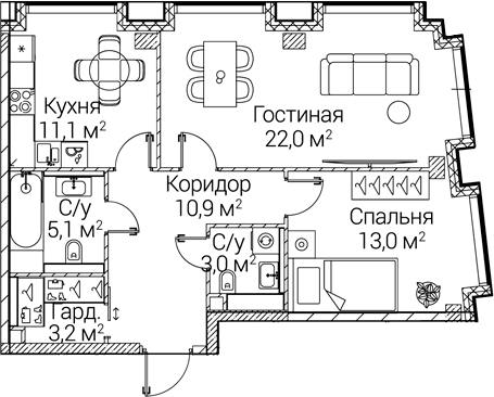 Планировка: 2-комнатная квартира 68,3 м² в ЖК «СЕЗАР БУДУЩЕЕ»