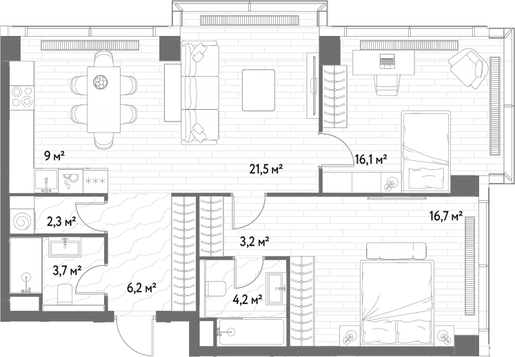 Планировка: Евротрёшка 82,9 м² в ЖК «С5»