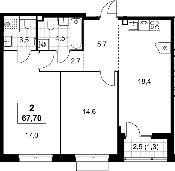 Планировка: Евротрёшка 66,4 м² в ЖК «Деснаречье»
