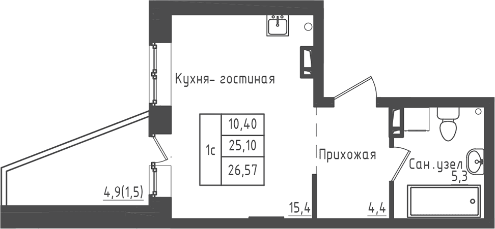 Планировка: Студия 25,1 м² в ЖК «Зеленый город»