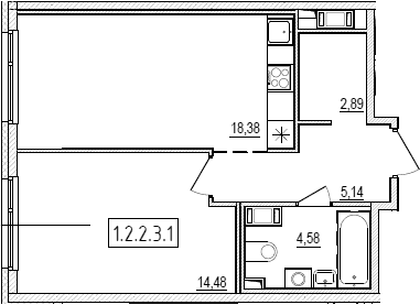 Планировка: Евродвушка 45,5 м² в ЖК «Новый Ямбург»