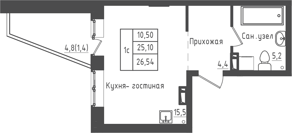 Планировка: Студия 25,1 м² в ЖК «Зеленый город»