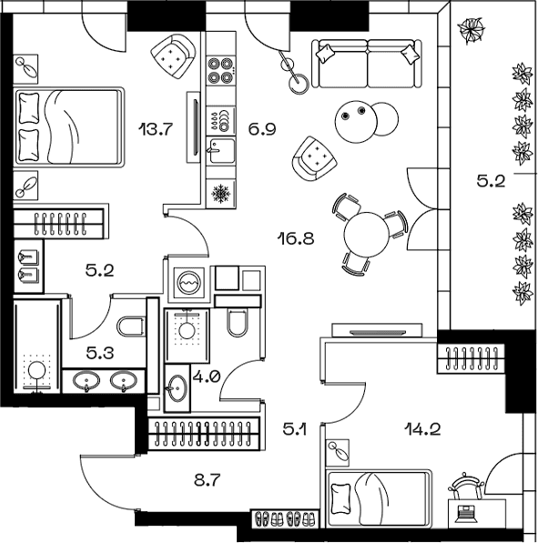 Планировка: Евротрёшка 80,8 м² в ЖК «SHIFT»