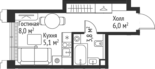 Планировка: Студия 22,9 м² в ЖК «СЕТ»