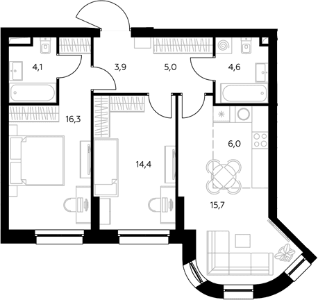 Планировка: Евротрёшка 70,5 м² в ЖК «Адмирал»