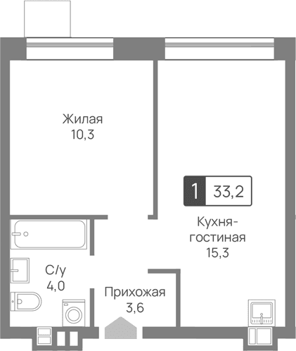 Планировка: Евродвушка 33,2 м² в ЖК «Лесная Отрада»
