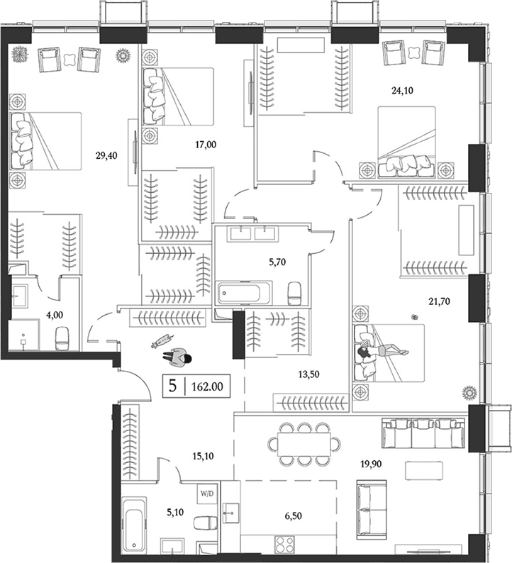 Планировка: Квартира евро-5 162 м² в ЖК «Dream Towers»
