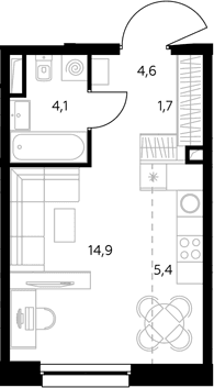 Планировка: Студия 30,8 м² в ЖК «Адмирал»