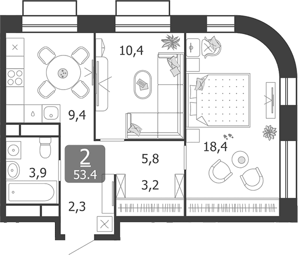 Планировка: 2-комнатная квартира 53,4 м² в ЖК «Шагал»