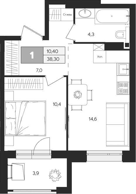Планировка: 1-комнатная квартира 36,4 м² в ЖК «Ласточкино»
