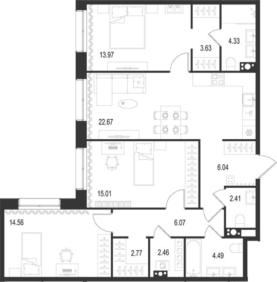 Планировка: Квартира евро-4 98,4 м² в ЖК «Остров Первых»