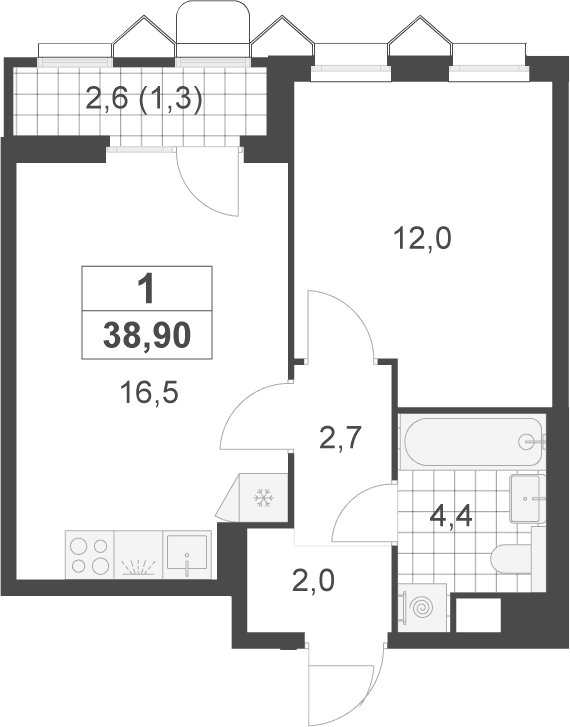 Планировка: Евродвушка 37,6 м² в ЖК «Деснаречье»