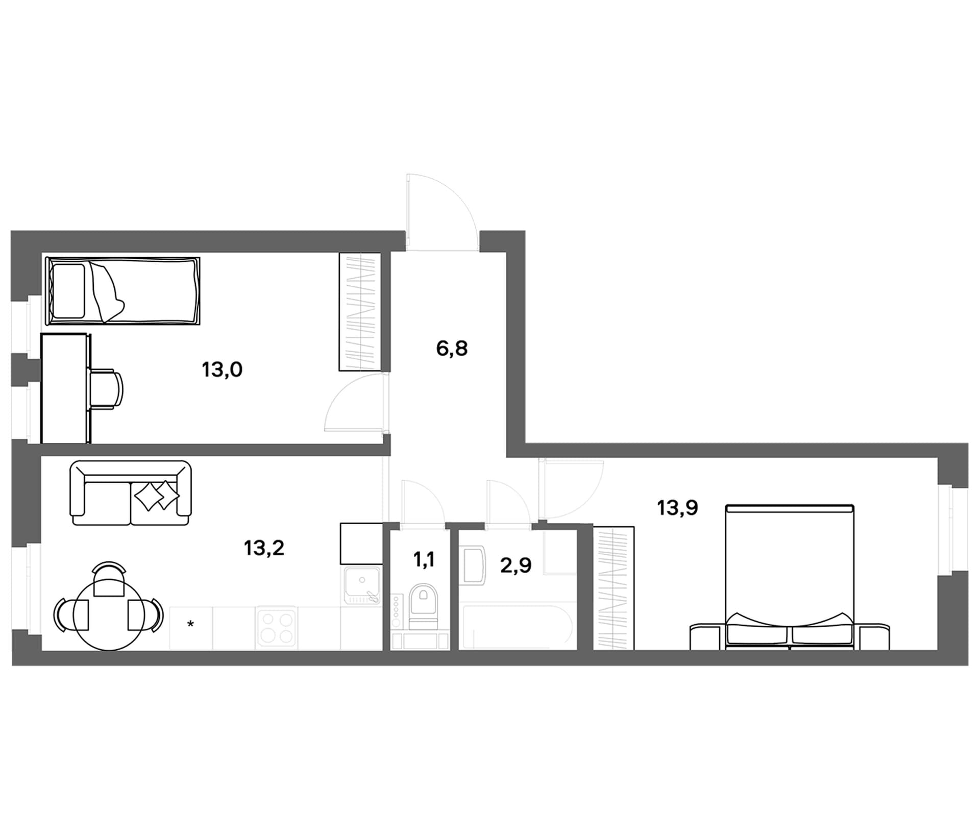 Планировка: 2-комнатная квартира 50,9 м² в ЖК «ЭкоКвартал НЕГА»