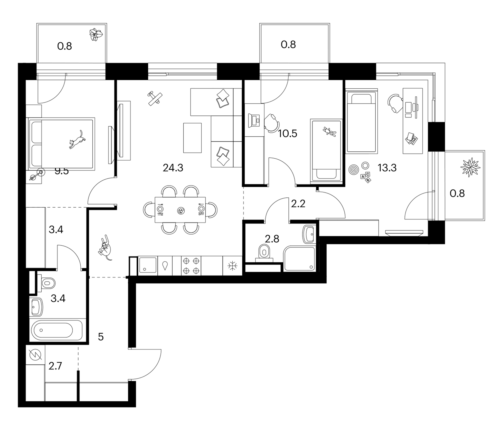 Планировка: 3-комнатная квартира 77,1 м² в ЖК «Зеленый парк»