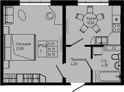 Планировка: 1-комнатная квартира 39,5 м² в ЖК «PIXEL»