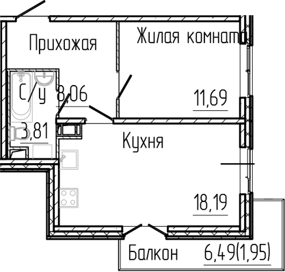 Планировка: Евродвушка 41,8 м² в ЖК «Сертолово Парк»