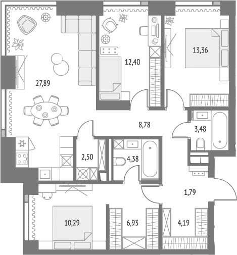Планировка: Квартира евро-4 98,5 м² в ЖК «Апсайд Тауэрс»