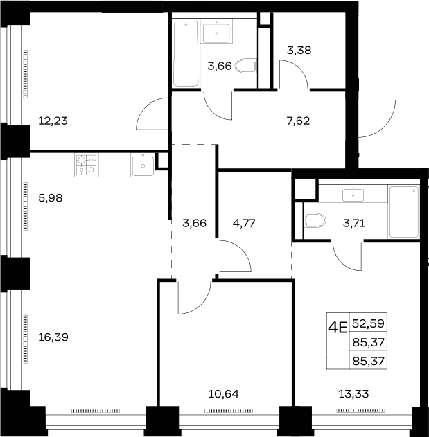 Планировка: Квартира евро-4 85,4 м² в ЖК «НОВА»