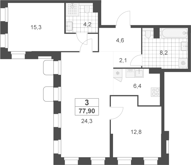 Планировка: Евротрёшка 77,9 м² в ЖК «Деснаречье»
