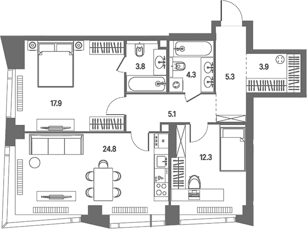 Планировка: Евротрёшка 77,4 м² в ЖК «КОД Сокольники»
