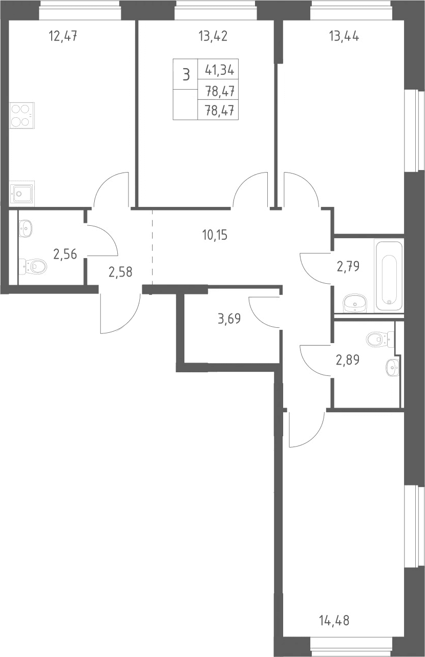 Планировка: 3-комнатная квартира 77,3 м² в ЖК «Пригород Лесное»
