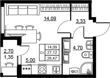 Планировка: Студия 27,1 м² в ЖК «Высота. Новодевяткино»
