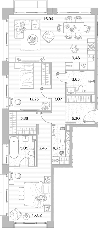 Планировка: Евротрёшка 83,4 м² в ЖК «МЫС»