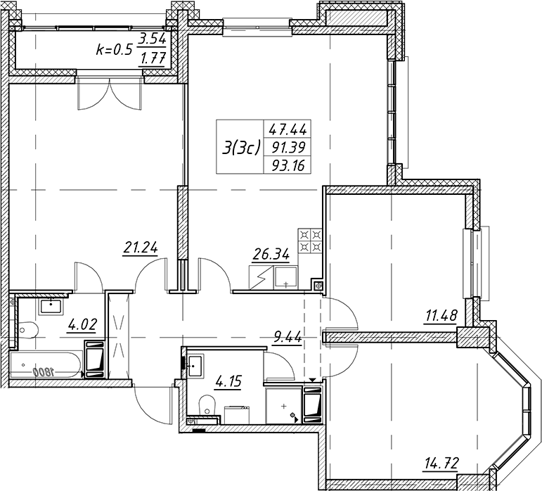 Планировка: Квартира евро-4 91,4 м² в ЖК «Цивилизация на Неве»
