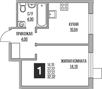 Планировка: 1-комнатная квартира 32,3 м² в ЖК «Гранель Притяжение Сити»