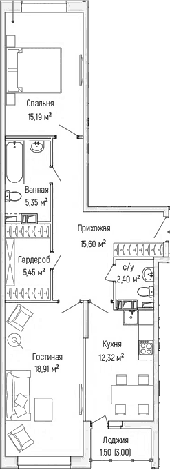 Планировка: 2-комнатная квартира 74,1 м² в ЖК «Рига Хиллс»