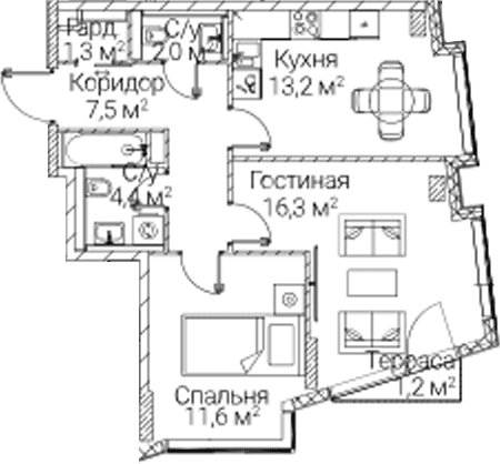 Планировка: 2-комнатная квартира 56,3 м² в ЖК «СЕЗАР БУДУЩЕЕ»