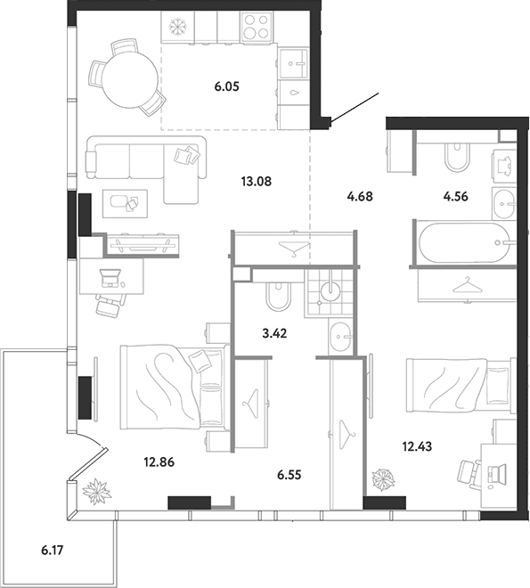 Планировка: 2-комнатная квартира 63,6 м² в ЖК «Ридж»