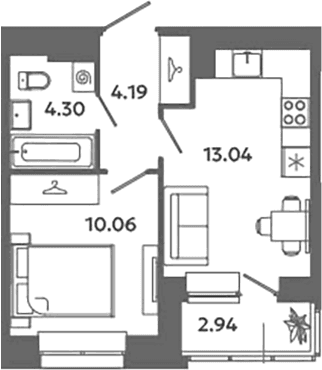 Планировка: Евродвушка 31,6 м² в ЖК «Загляденье»