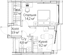 Планировка: 1-комнатная квартира 34,2 м² в ЖК «СЕЗАР БУДУЩЕЕ»