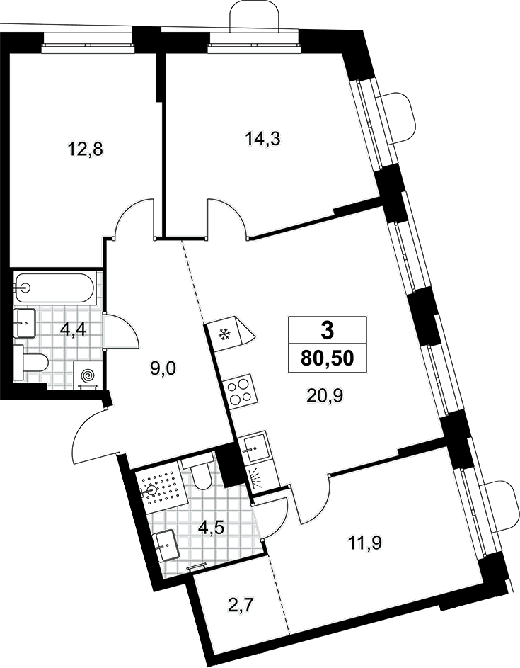 Планировка: Квартира евро-4 80,5 м² в ЖК «Прокшино»