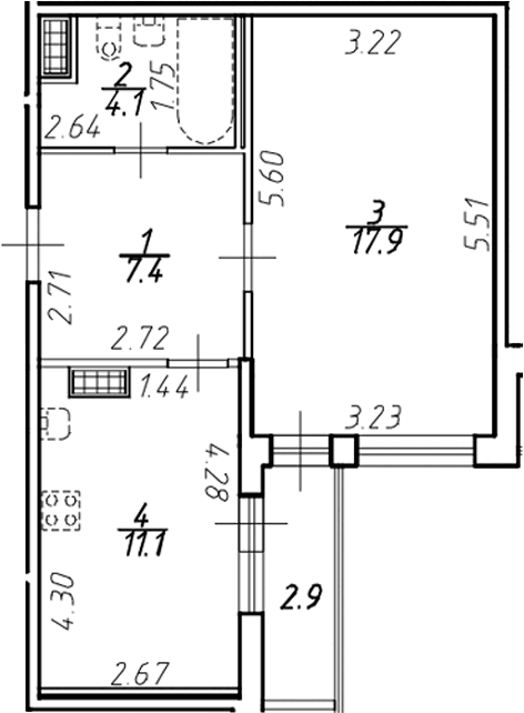 Планировка: 1-комнатная квартира 40,6 м² в ЖК «Ингрия Лэнд»