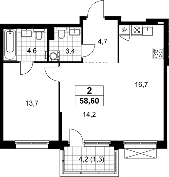 Планировка: Евродвушка 57,3 м² в ЖК «Дзен-кварталы»