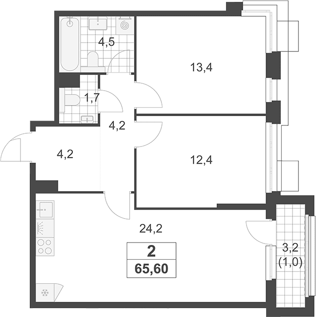 Планировка: Евротрёшка 64,6 м² в ЖК «Южные сады»