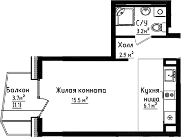 Планировка: Студия 27,7 м² в ЖК «Коллекция»