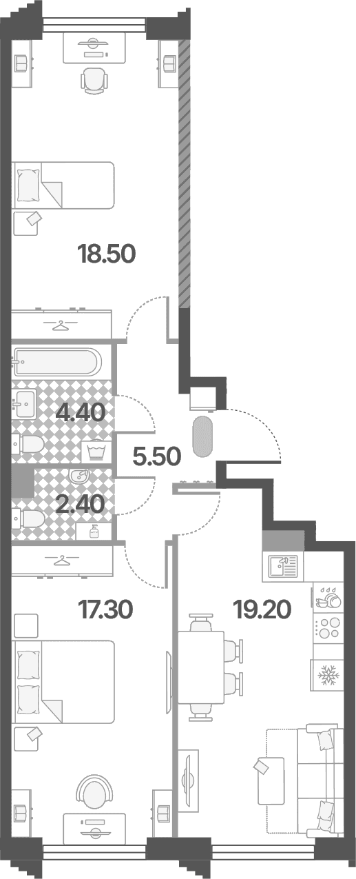 Планировка: Евротрёшка 67,3 м² в ЖК «Обручева 30»