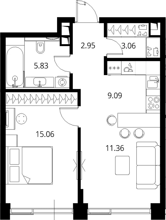 Планировка: Евродвушка 47,4 м² в ЖК «Сити Бэй»