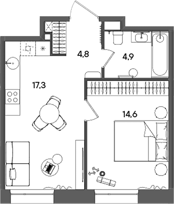 Планировка: Евродвушка 41,6 м² в ЖК «СТОУН Райз»