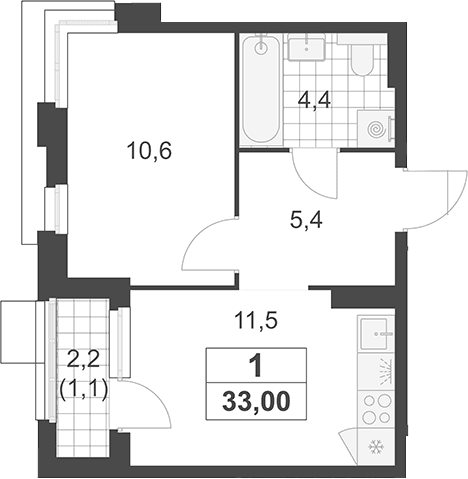 Планировка: 1-комнатная квартира 31,9 м² в ЖК «Южные сады»