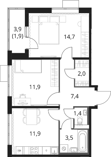 Планировка: 2-комнатная квартира 52,9 м² в ЖК «1-й Шереметьевский»